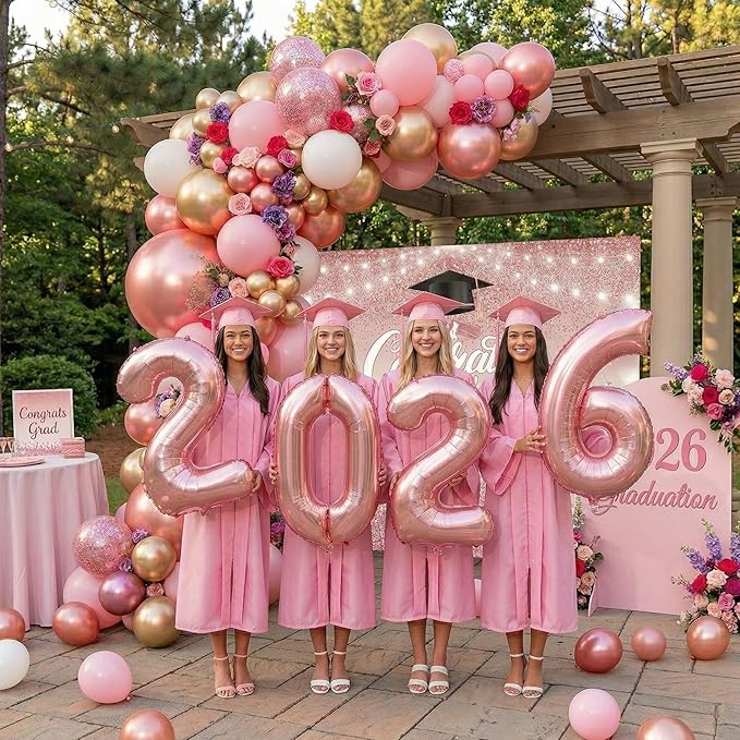 Pink Graduation Balloon Arch Kit 2026 with Rose Gold Balloons, Grad Backdrop, 2026 Foil Balloons for Prom Girl's High School College Graduation Party Decorations