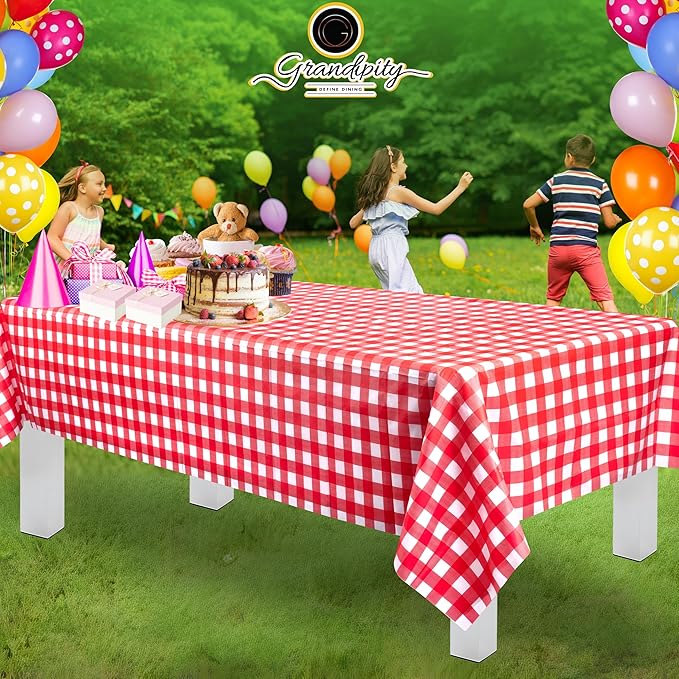 Grandipity Red Gingham Checkered Plastic Table Cloth Disposable (6 Pk) 54in x 108in Plastic Tablecloths for Rectangle Tables - Premium Party Table Cloths Disposable for 6ft to 8ft Rectangle Tables