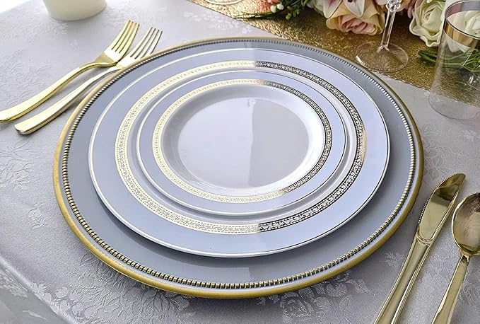 " OCCASIONS " 120 Plates Pack,(60 Guests) Heavyweight Premium Wedding Party Disposable Plastic Plates Set -60 x 10.5'' Dinner + 60 x 7.5'' Salad/Dessert (Ritz Blue and Gold)