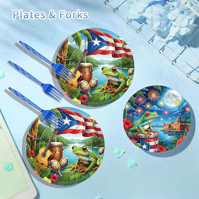 Puerto Rico Party Decorations, 96 Pcs Puerto Rican Flag Tropical Frog Plates Napkins Forks, Disposable Dinnerware for Puerto Rico Birthday Fiesta Theme Party Decor Tableware Set for 24 Guests