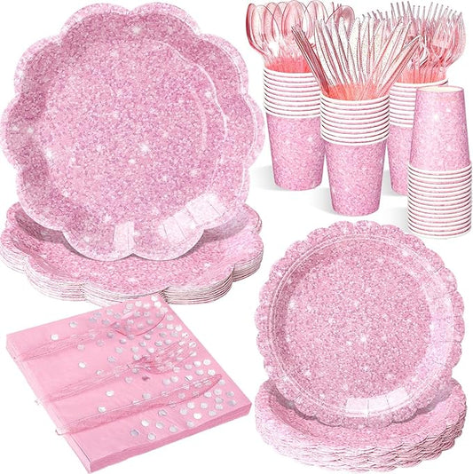 Hushee 175 Pcs Pink Holographic Print Party 25 Guests Disposable Dinnerware Set Include Paper Plates, Napkins, Paper Cups, Plastic Tableware for Birthday Party