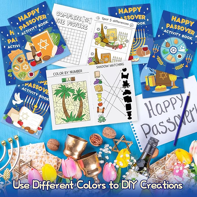 Passover Activity Books for Kids - 24Pcs Happy Passover Mini Games Coloring Book Set Bulk Mazes Word Search Word Scramble Games for Jewish Pesach Seder Holiday Party Classroom DIY Art Gifts Favors