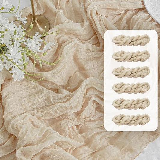 FEXIA 6 Pack Beige Gauze Table Runner 35x120 Inches for Centerpiece Table Decorations Ivory Cheesecloth Rustic Boho Table Runner for Bridal Shower Wedding Party First Communion Centerpiece Engagement