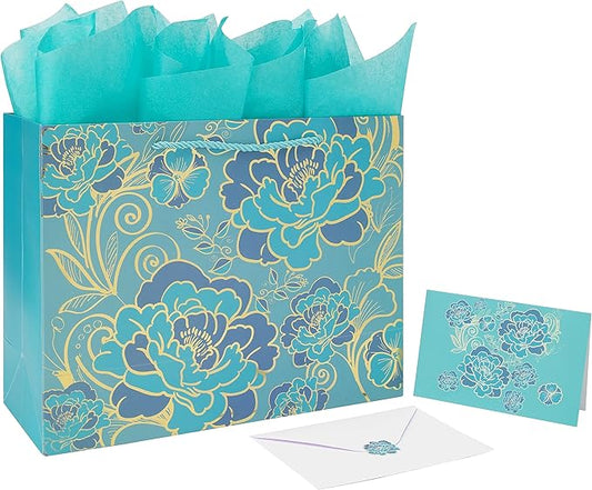 13" Large Rose Green Gift Bag Set with Greeting Card and Tissue Paper(Foil Traced Flowers) for Celebrating Birthdays, Mother's Day, Valentine's Day, Weddings, Anniversaries- 13”x5.2”x10.2”,1 Pcs.
