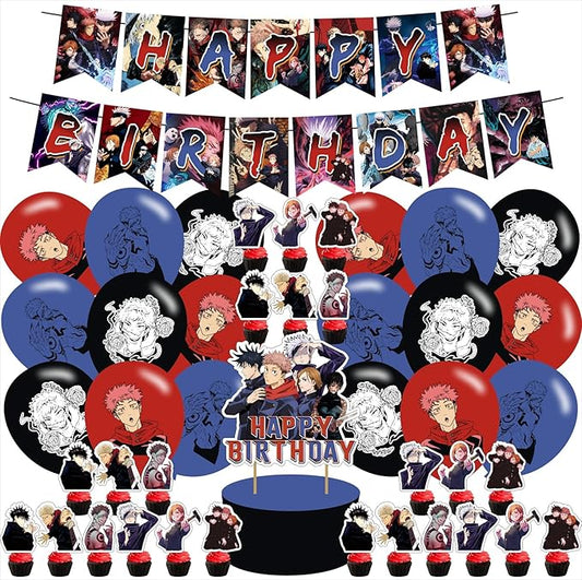 Jujutsu Manga Kaisen Birthday Party Supplies, including Cake Topper, Cupcake Toppers, Banner, Latex Balloons,It is Very Suitable for Boy's and Girl Anime Themed Birthday Party Supplies., Black