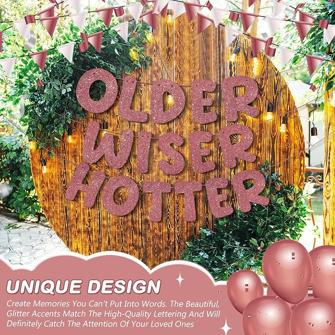 Fulmoon Set of 3 Pre Strung Older Wiser Hotter Glitter Banner Funny Birthday Banner for Women 30th 40th 50th 60th 70th 80th Birthday Party Decorations Sign Gift(Deep Rose Gold)