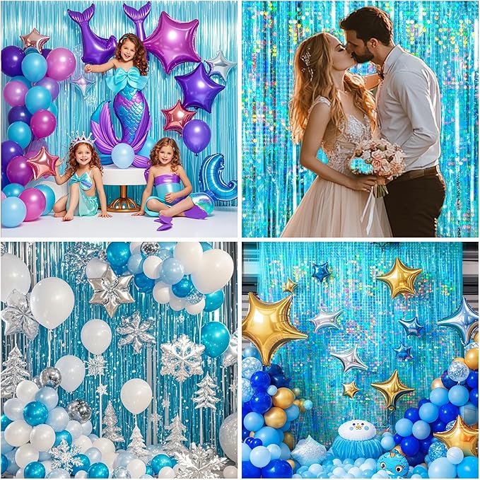 4 Packs Blue Foil Fringe Curtain, Light Blue Glitter Metallic Tinsel Backdrop for Birthday, Wedding, Baby Shower, Bachelorette, Ocean, Princess Party Decorations Supplies