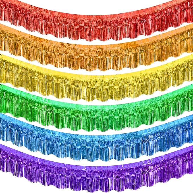 LOLStar Rainbow Foil Fringe Garland Pride Decorations, 6 Pack 59Ft Rainbow Tinsel Metallic Glitter Banner, Hanging Tinsel Fringe Banners for Birthday Pride Month Parade Floats Wedding Decor