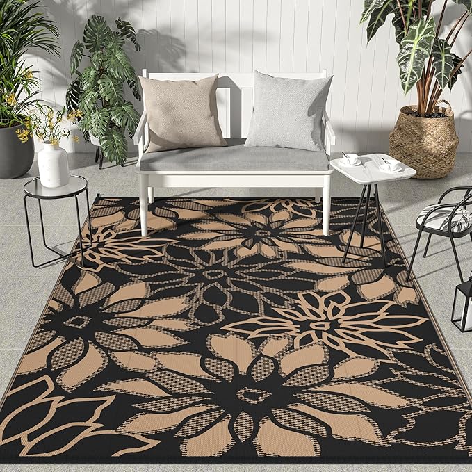 GENIMO Outdoor Rug Waterproof for Patio Decor, 8' x 10' Reversible Plastic Straw Floral Camping Carpet, Large Area Rugs Mats for RV, Camper, Deck, Balcony, Porch, Beach, Picnic, Black & Brown