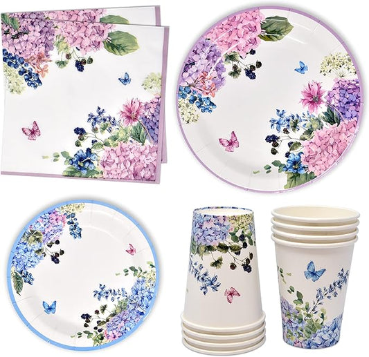Gift Boutique Floral Hydrangea Party Supplies 7" Paper Plates Cups & Napkins Spring Flowers Baby Shower Bridal Tea & Birthday Disposable Set