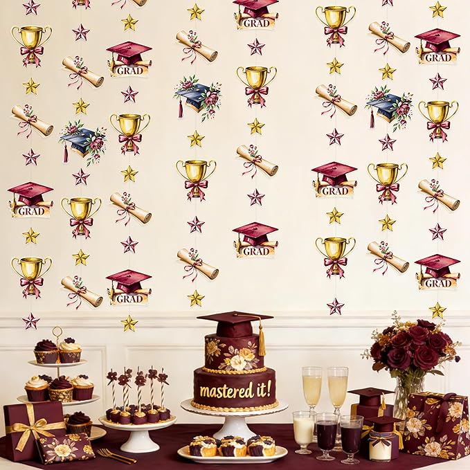 Maroon Gold Graduation Party Hanging Streamer Floral Burgundy Gold Star Grad Cap Garland Banner for Congrats Grad Class of 2026 You Did It We are So Proud of You Themed Party Decorations Supplies