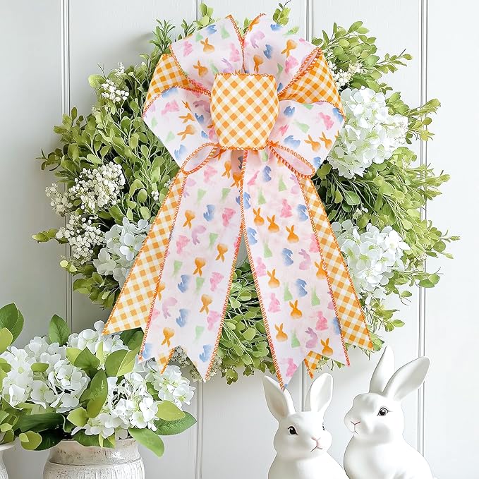 LaRibbons Easter Bunny Wired Ribbon 2 Rolls 2.5 Inch x 12 Yards TTL, Orange Easter Ribbon Plaid for Baskets Crafts Spring Wreath Gift Wrapping Bow Decoration