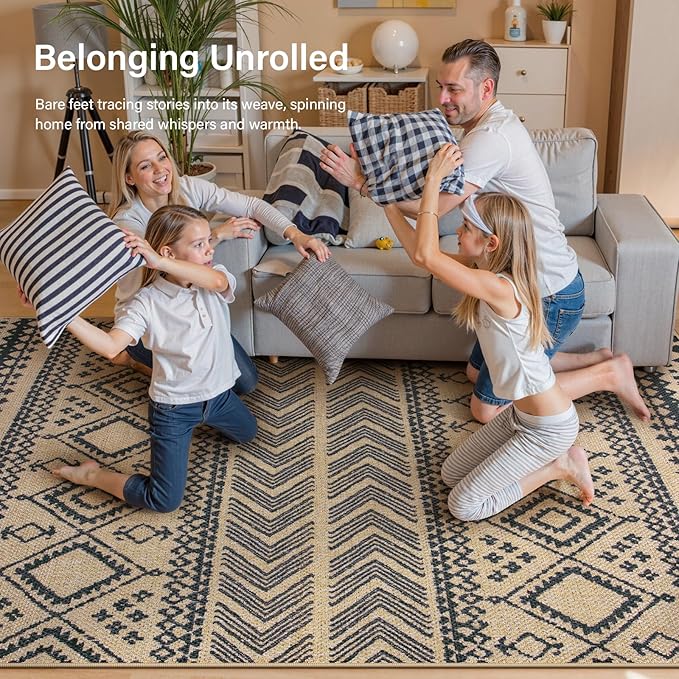 Lahome Easy Jute Boho Area Rugs for Entryway, 3x5 Washable Rug Non Slip Indoor Outdoor Carpet, Small Geometric Print Distressed Rugs, Low Pile Front Door Carpet for Porch Balcony