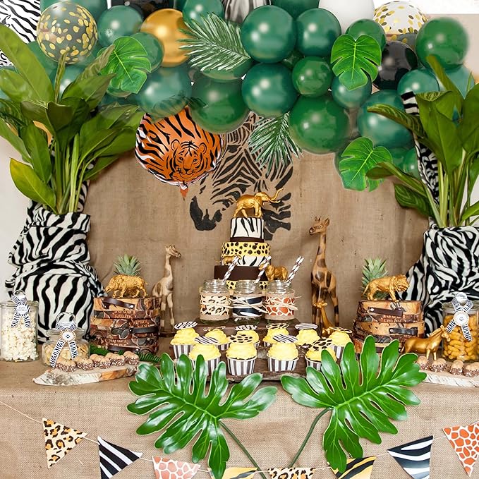 Amandir 152Pcs Jungle Safari Balloon Garland Arch Kit, Gold Dark Green Animal Balloons Artificial Tropical Palm Leaves Decorations Boy Girl Wild One Birthday Party Supplies