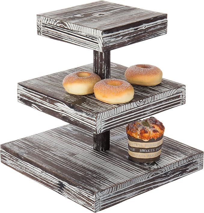 MyGift 3 Tier Cupcake Stand, Torched Wood Dessert Display Stand, Tiered Tray for Cakes, Appetizers Party Table Decor, Farmhouse Serving Tower
