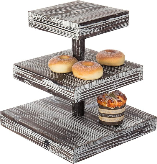 MyGift 3 Tier Cupcake Stand, Torched Wood Dessert Display Stand, Tiered Tray for Cakes, Appetizers Party Table Decor, Farmhouse Serving Tower