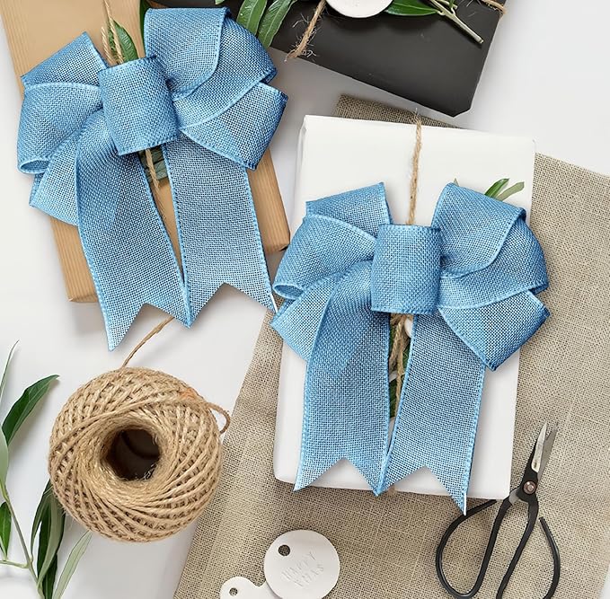 Blue Burlap Ribbon 1-1/2 inch X 10 Yard Natural Burlap Woven Wired Ribbons DIY Handmade Edging Production Wreath Holiday Decoration Ribbon Gift Wrapping Light Blue Ribbons
