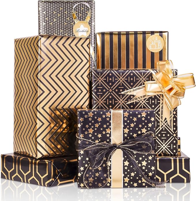 Larcenciel Gift Wrapping Paper Set, 6 Sheets Metallic Black Gold Foil Wrapping Paper w/Gift Bow & Sticker, Shiny Luxury Men Boys Gift Wraps for Birthday, Holiday, Graduation, Baby Shower, 27.5x19.6in