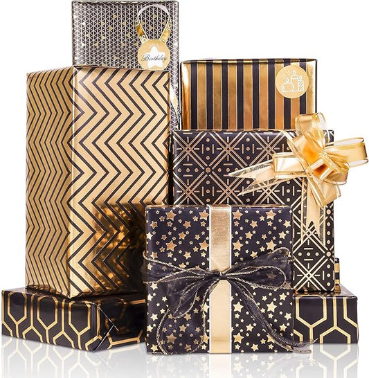 Larcenciel Gift Wrapping Paper Set, 6 Sheets Metallic Black Gold Foil Wrapping Paper w/Gift Bow & Sticker, Shiny Luxury Men Boys Gift Wraps for Birthday, Holiday, Graduation, Baby Shower, 27.5x19.6in