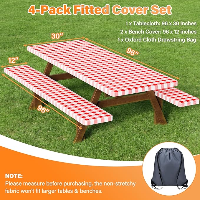 HappyTrends Fitted Picnic Table Cover with Bench Covers - 6FT Dual Layer Waterproof Camping Tablecloth with Windproof Elastic Edging & Bag, Washable RV Camping Accessories (96x30in, Red Checkered)