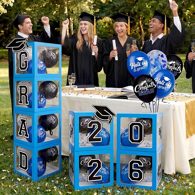 2026 Graduation Decorations 4 Grad Balloon Boxes with Letters 2026 Grad & So Proud of You and 18pcs Balloons Graduation Party Decorations (Blue)