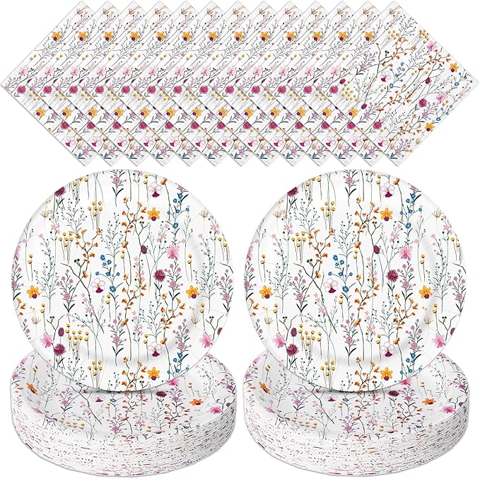 Whaline 100pcs Floral Party Supplies Kit Serves 50 Wildflower Paper Plates and Napkins Flower Disposable Tableware Decorative Dinnerware Set for Spring Picnic Wedding Birthday Baby Shower Party