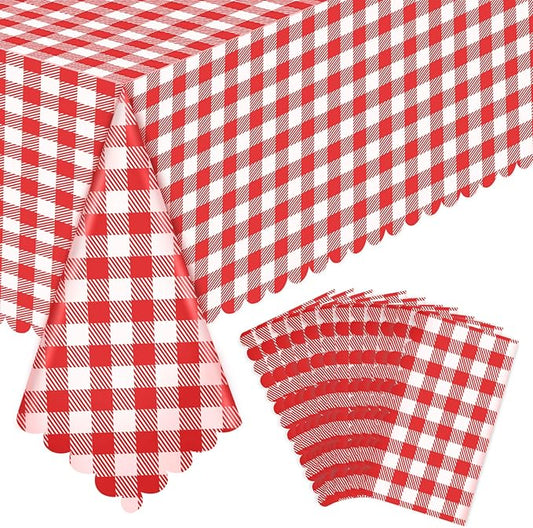 12 Pack Red Gingham Tablecloths, 54 X 108Inch Plastic Red and White Checkered Tablecloth Disposable Picnic Table Cloths Waterproof Outdoors Tablecloth for Camping Picnic Barbecue Birthday Party