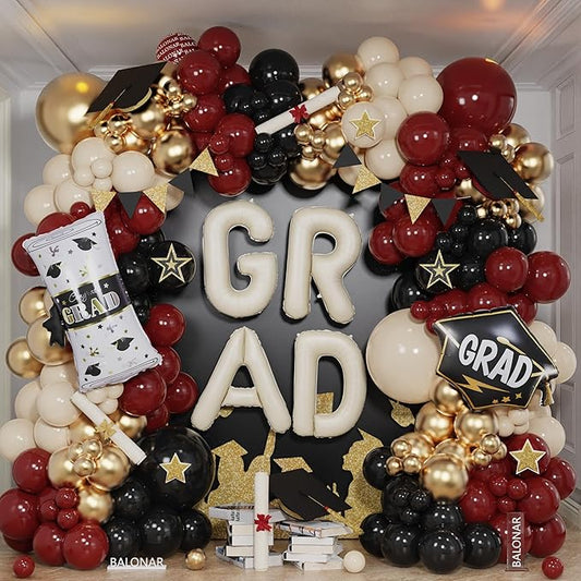 Graduation Party Decorations Graduation Balloon Arch Kit with 132PCS Burgundy Black Sand 40 Inch Beige GRAD Balloons for Congrats College High School Grad Balloons Class of 2026 Party Supplies
