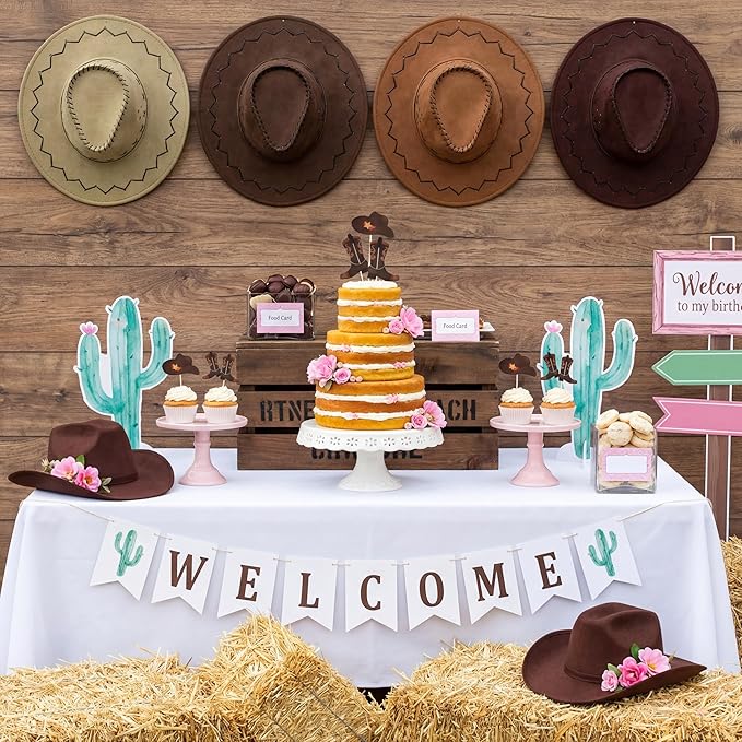 60 Pieces Cowboy or Cowgirl Hat and Boot Cupcake Toppers Western Birthday Cake Decorations Rodeo Cupcake Picks Baby Shower Toothpicks for Western Theme Party Favors Supplies (Brown)