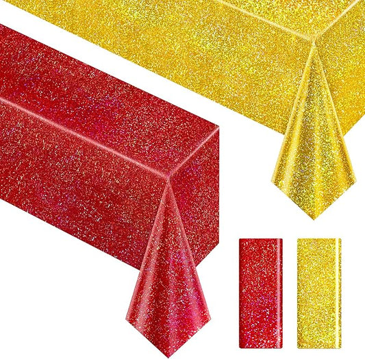 Red & Gold Carnival Laser Tablecloth 40" x 108" Shining Christmas Holiday Holographic Table Cloth Birthday Graduation Party Table Cover Plastic Foil Party Supplies For Anniversary Baby Shower