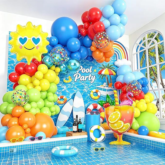 Amandir 165Pcs Summer Beach Pool Party Balloons Decorations Splash Tropical Balloon Arch Garland Kit, Foil Wine Glass Sun Colorful Balloons for Hawaiian Luau Holiday Swimming Birthday Party Backdrop