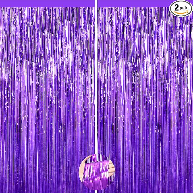 Purple Foil Curtain Backdrop, 2Pack Metallic Tinsel Foil Fringe Curtains Photo Booth Props for Birthday Wedding Engagement Bachelorette Baby Shower Christmas Holiday Celebration Party Decorations