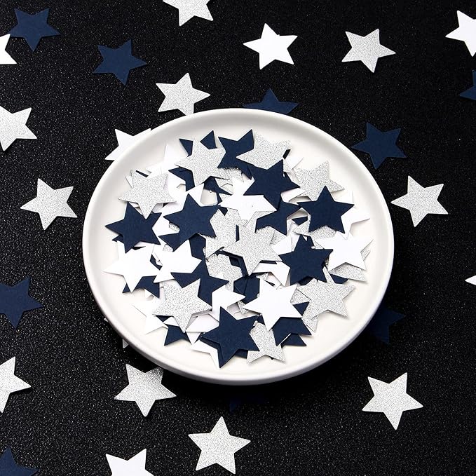 300pcs Navy Blue White Silver Confetti,Glitter Paper decor Twinkle Little Star Table Confetti,Birthday Graduation 2024 Fathers Day Wedding Baby Shower Party Decorations Circle Dots Lasting Surprise