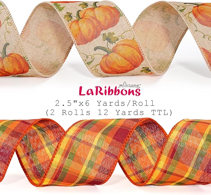 LaRibbons Fall Burlap Plaid Ribbon Wired 2 1/2" x 6 Yards 2 Rolls, Pumpkin Plaid Ribbon for Autumn Wreath Thanksgiving Farm Gift Wrapping Home Decor