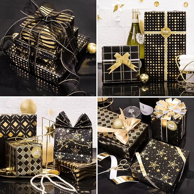 Larcenciel Christmas Gift Wrapping Paper Set, 6 Sheets Metallic Black Gold Foil Wrapping Paper w/Gift Tag & Sticker, Glitter Star Polka Dot Gift Wrap for Birthday Graduation Anniversary,27.5x19.6in