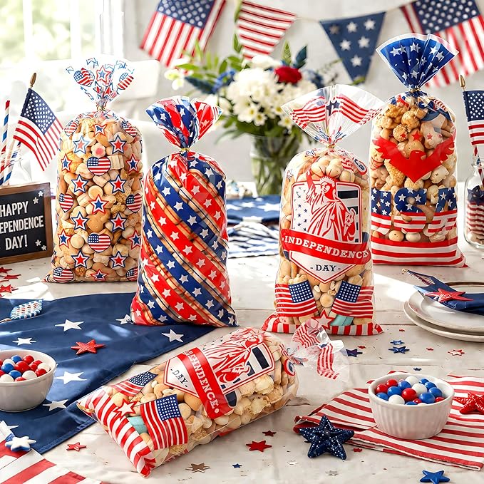 4th of July Cellophane Treat Bags, 200 PCS 4th of July Gift Bag, Patriotic Treat Bags, Plastic Red Blue and White Candy Cookie Goodie Snack Bag for Independence Day Fourth of July Party Favor Supplies