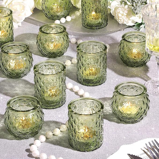 NITIME 12Pcs Assorted Green Votive Candle Holders, Tea Lights Candle Holder for Table Centerpiece, Green Candle Holders for Wedding, Bridal Shower and Tea Party Decorations