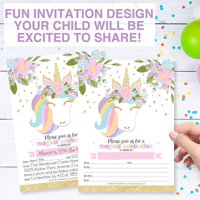 Hadley Designs Kids Birthday Invitations Girl Unicorn Theme - 25 Unicorn Birthday Party Invitations For Girls, Pastel Invites For Girls, Cute Party Supplies, Made in USA