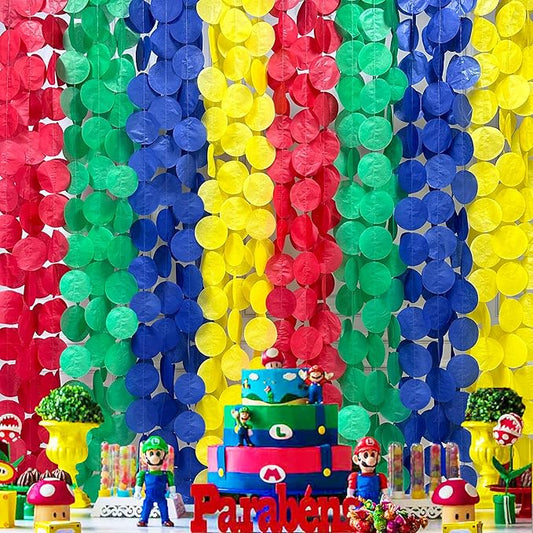 205Ft Mario Party Decorations Red Green Blue Yellow Big Polka Dot Tissue Paper Backdrop Streamer Circle Dot Hanging Garland for Birthday Baby Shower Carnival Circus Clown Fiesta Colorful Party