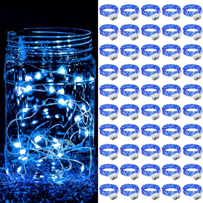 ZGWJ 50 Pack Fairy Lights Battery Operated, 7FT 20LED Mini Fairy String Lights Silver Wire 3 Modes for DIY, Parties, Wedding, Bedroom, Halloween Christmas Decoration- Blue