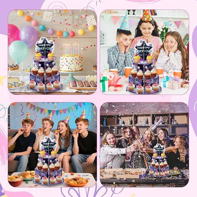 2Sets Singer Cupcake Stand Party Supplies - 3 Tier Summer Korean Pop Singer Happy Birthday Party Cupcake Tower Table Decoration Musical Fan Theme Dessert Tray Holder Cake Stands for Girl Women