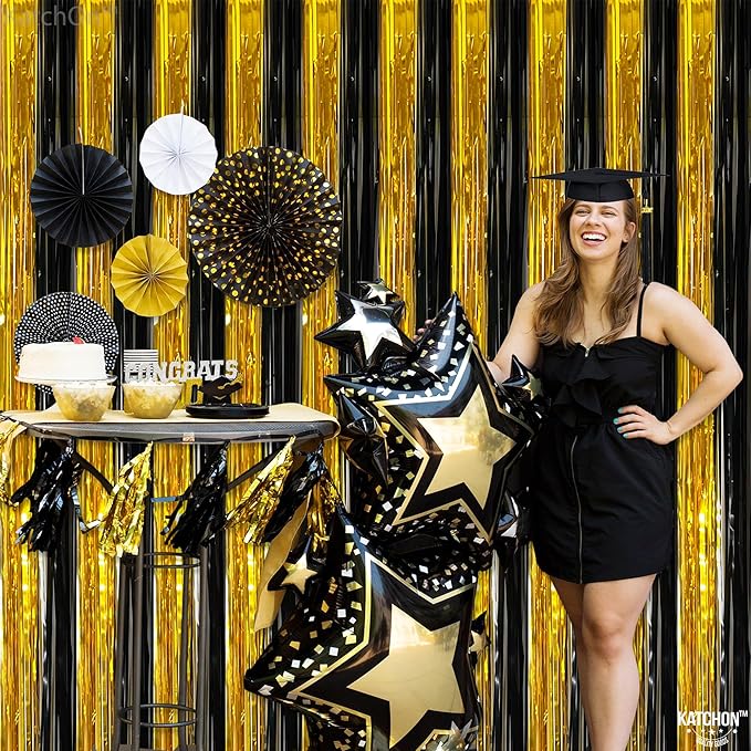 KatchOn, XtraLarge Black and Gold Streamers - 3.2x8 Feet, Pack of 2 | Fringe Curtain for Graduation Decorations 2026, Birthday, Anniversary | Black and Gold Graduation Party Decorations 2026