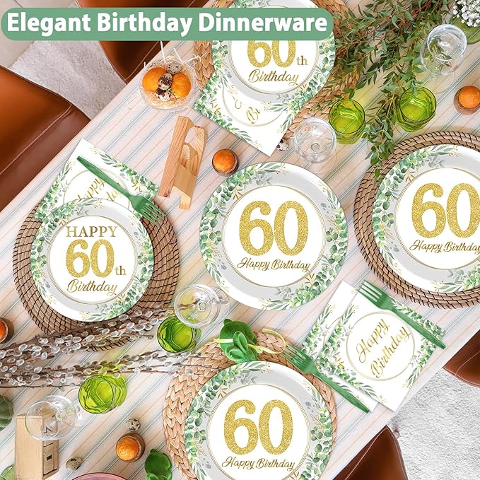 Qyeahkj 100 Pcs 60th Birthday Decorations Party Tableware Set Greenery Eucalyptus Paper Plates Sage Green Plates Forks and Napkins 60th Birthday Party Decoration for 60 Years Old Women Serve 25 Guests