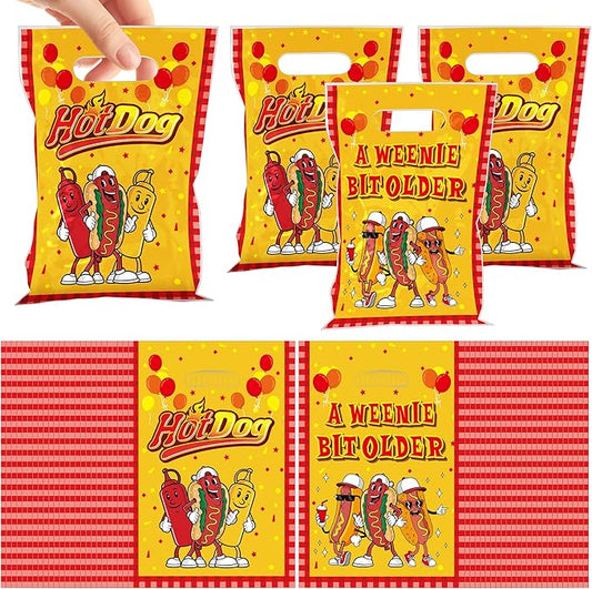 MOIZYNG 50Pcs Hot Dog Gift Bags with Handles, A Weenie Bit Older Birthday Plastic Candy Treat Goodie Bags for Hotdog Sausage Fast Food BBQ Cookout Birthday Party Decorations