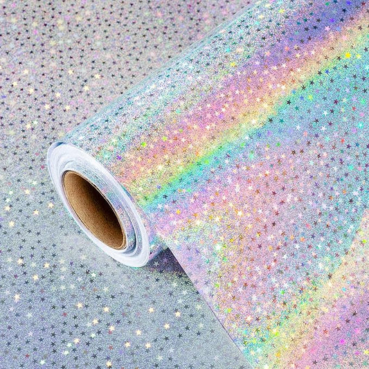 Burymento Silver Wrapping Paper Roll, Metallic Holographic Star Gift Wrap for Birthday, Valentines, Mothers day, Graduation, Wedding, Fathers day, Baby Shower, Christmas (17 IN x 32.8 FT)
