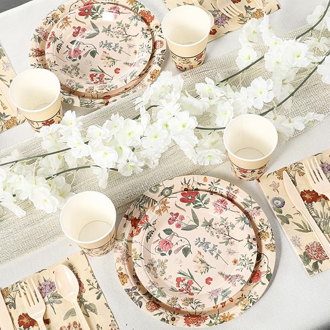 Roshtia Floral Party Supplies Set for 50 Guests - Watercolor Flowers Paper Plates & Napkins, Disposable Dinnerware for Women & Girls Birthday, Vintage Tea Party & Baby Shower Tableware