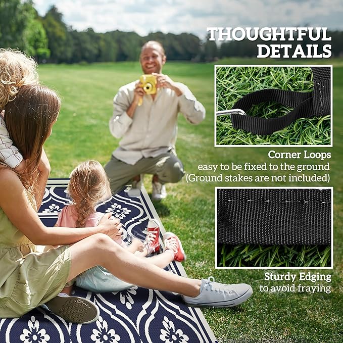 Outsunny Outdoor Rug for Patio, 8' x 10' Waterproof Large Mat, Reversible Plastic Straw Rug for Decor, Portable Outside RV Camping Area Carpet Mat for Backyard Porch Deck Picnic, Blue & White Gourd