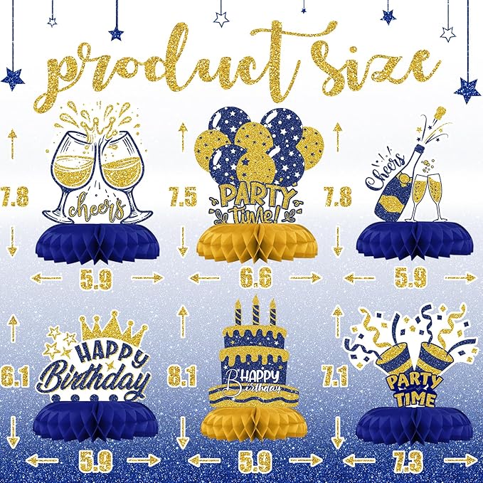 Blue and Gold Birthday Decorations – 12Pcs Honeycomb Table Centerpieces, Elegant Party Table Toppers for Adults, Stylish Blue Gold Birthday Decor