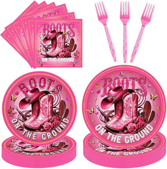 96 Pcs Pink Cow Girl Boots Party Decorations, Boots on the Ground Disposable Dinnerware Set, Plates, Napkins & Forks for 24 Guests, Western Birthday Supplies
