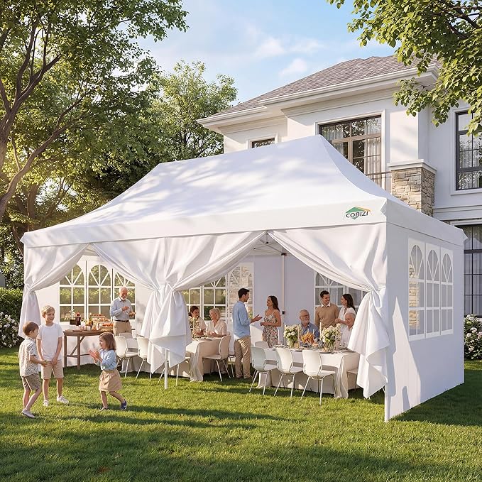 COBIZI 10x20 Pop Up Canopy with 6 Sidewalls, Conical Canopy Tents for Parties, Backyard, Commercial, Waterproof Event Tent Instant Shelter UV50+ Outdoor Gazebo with 4 Sandbags (Peak Drainage)